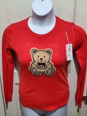 Red Knit Sweater with Teddy Bear Love Appliqué SIZE L/XL